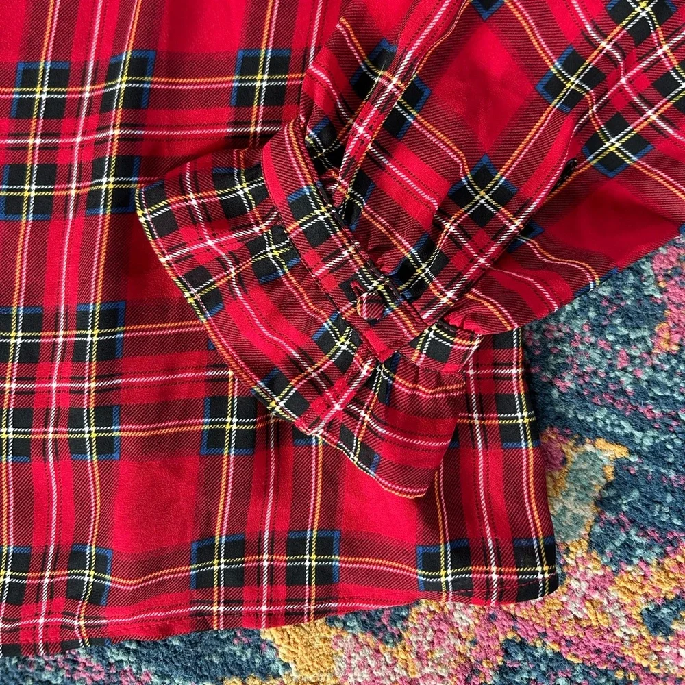 J. Crew | Women’s Red/Multi Tartan Plaid Crewneck Ruffle Sleeve Hems Top, Size S